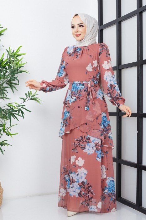 FLOWER PATTERNED POWDER PINK DRESS