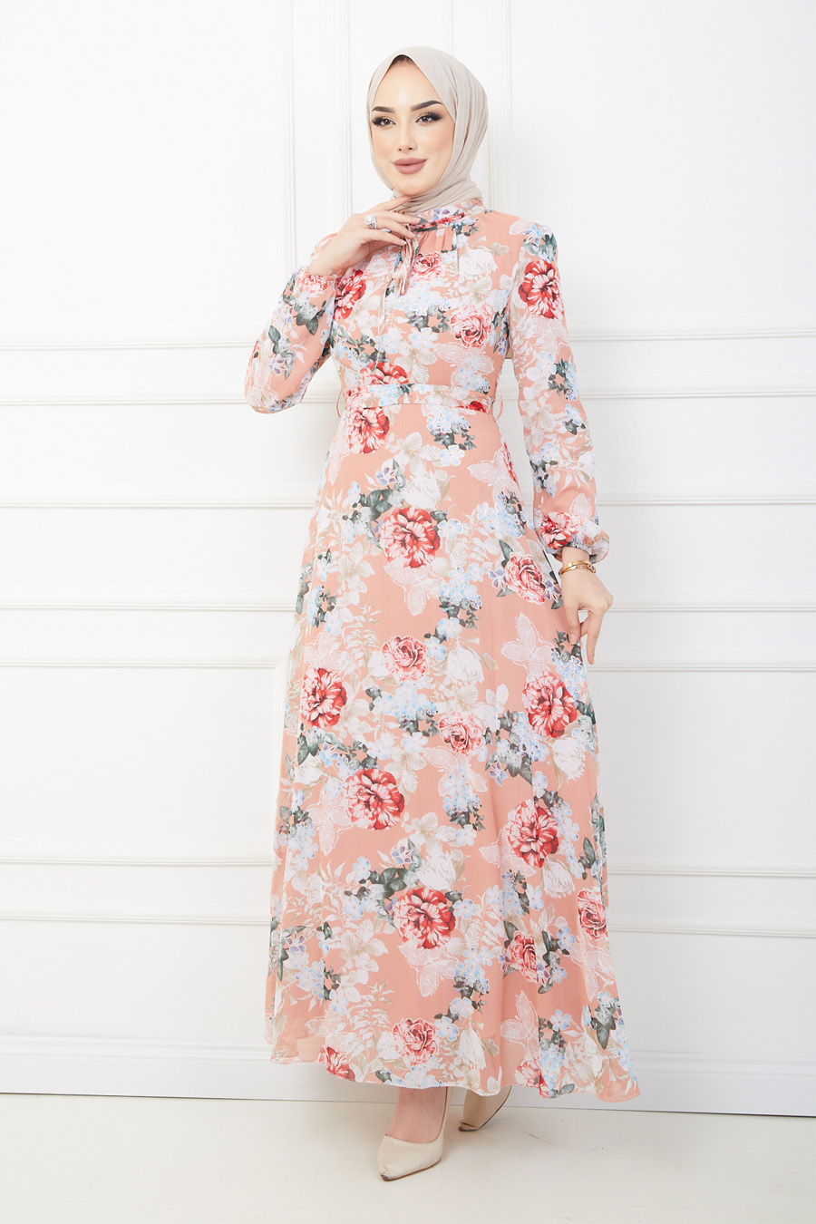 FLOWER PATTERNED POWDER PINK DRESS