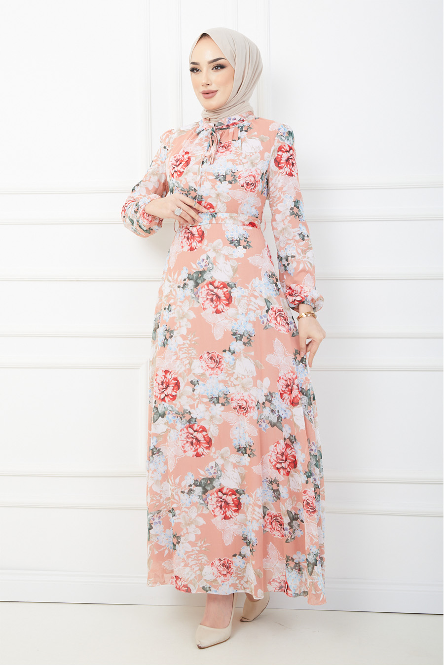 FLOWER PATTERNED POWDER PINK DRESS