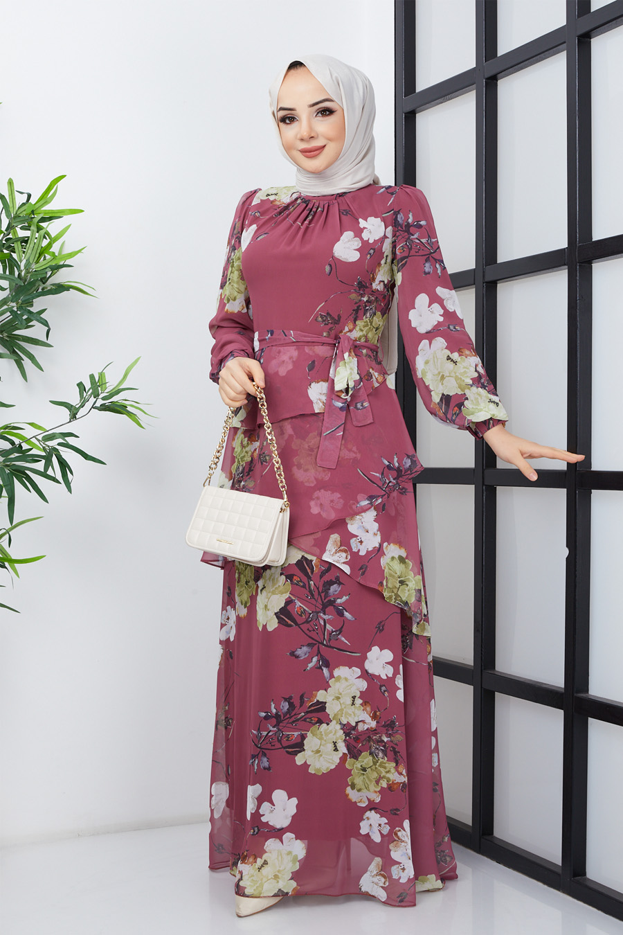 FLOWER PATTERNED ROSE COLOR  DRESS