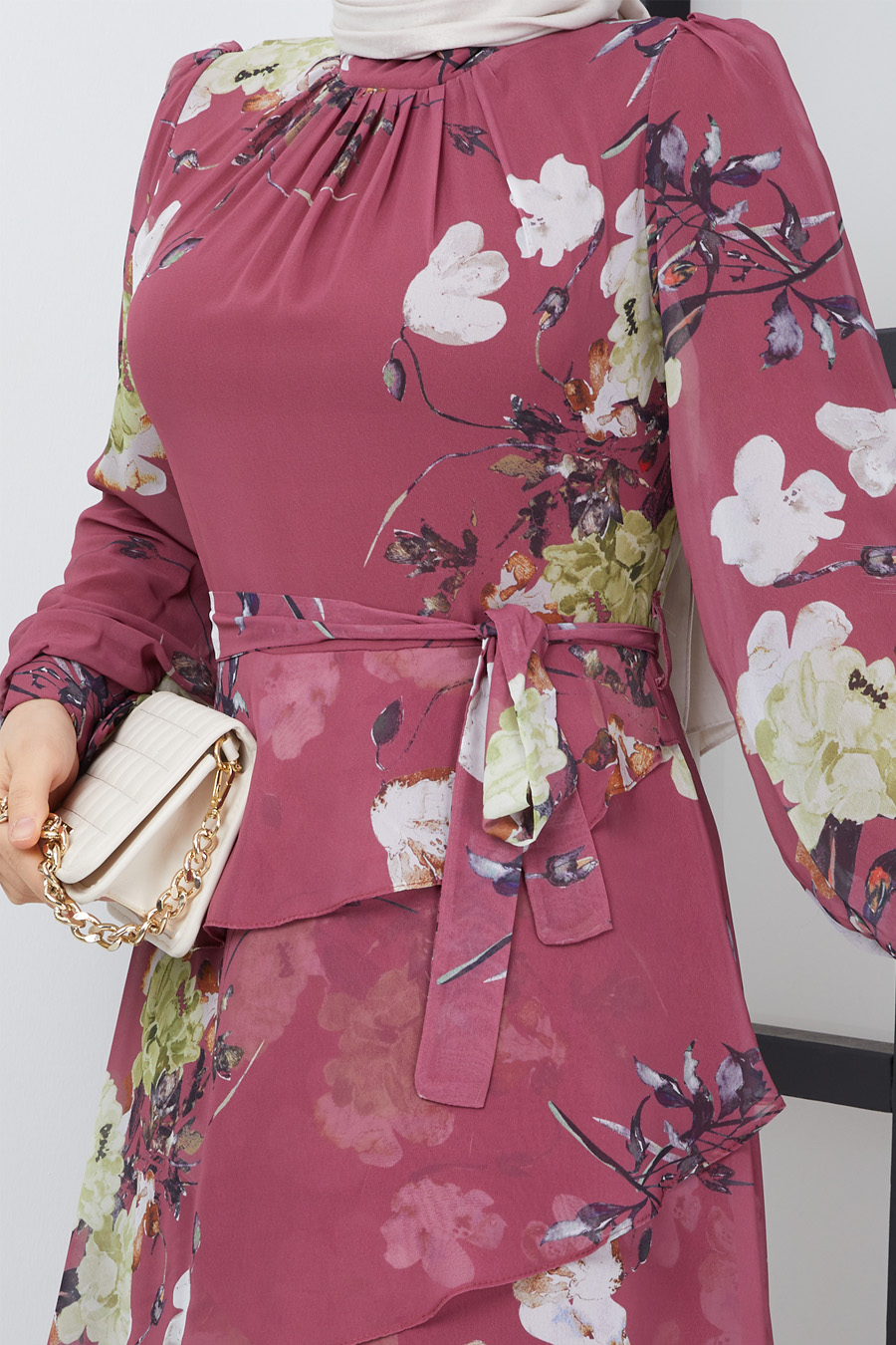 FLOWER PATTERNED ROSE COLOR  DRESS