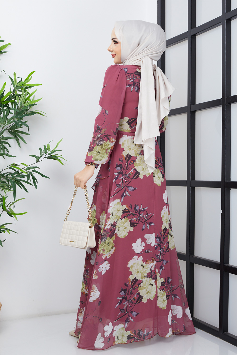 FLOWER PATTERNED ROSE COLOR  DRESS