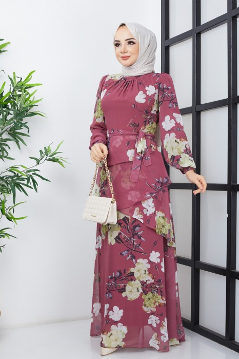 FLOWER PATTERNED ROSE COLOR  DRESS