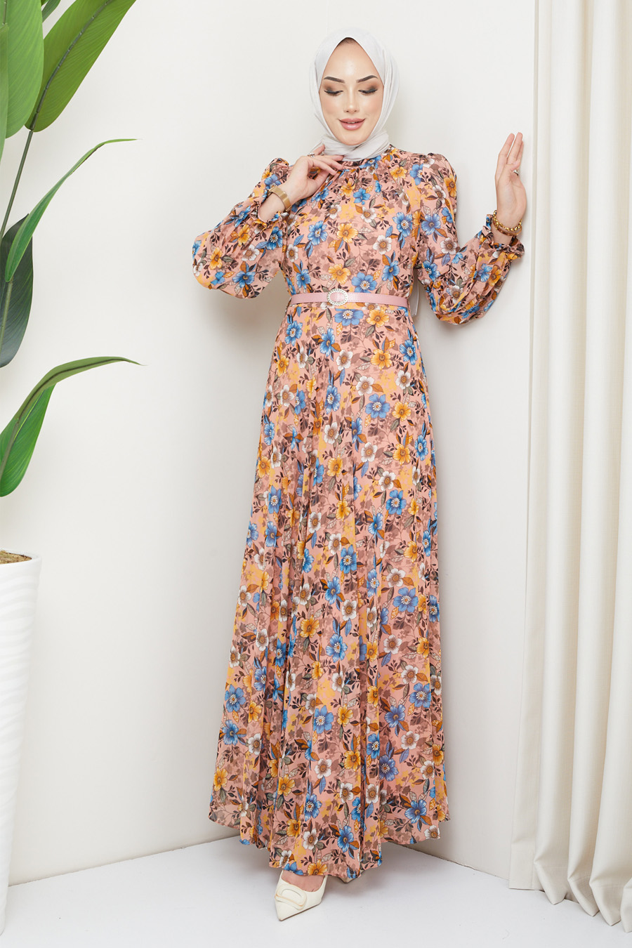 FLOWER  PATTERNED SALMON  COLOR  DRESS  