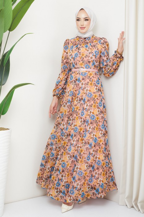 FLOWER  PATTERNED SALMON  COLOR  DRESS  