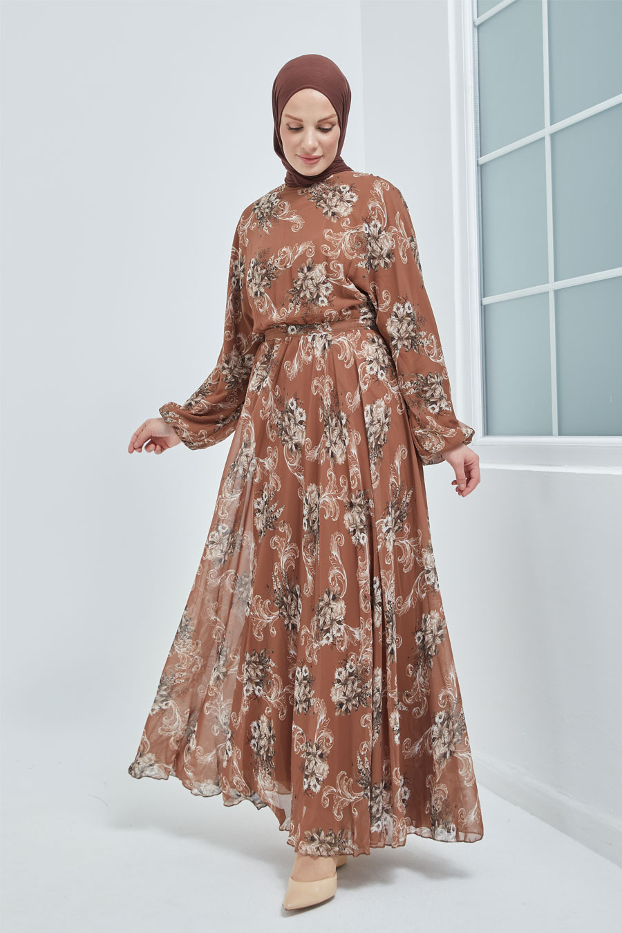 FLOWER PATTERNED TAN COLOR - EVENING DRESS  