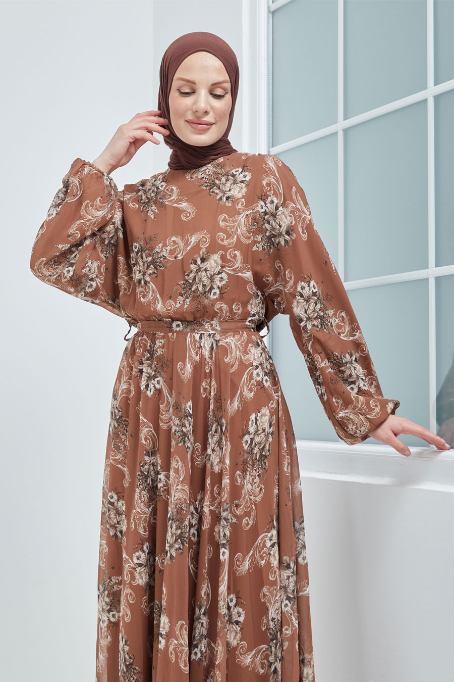 FLOWER PATTERNED TAN COLOR - EVENING DRESS  