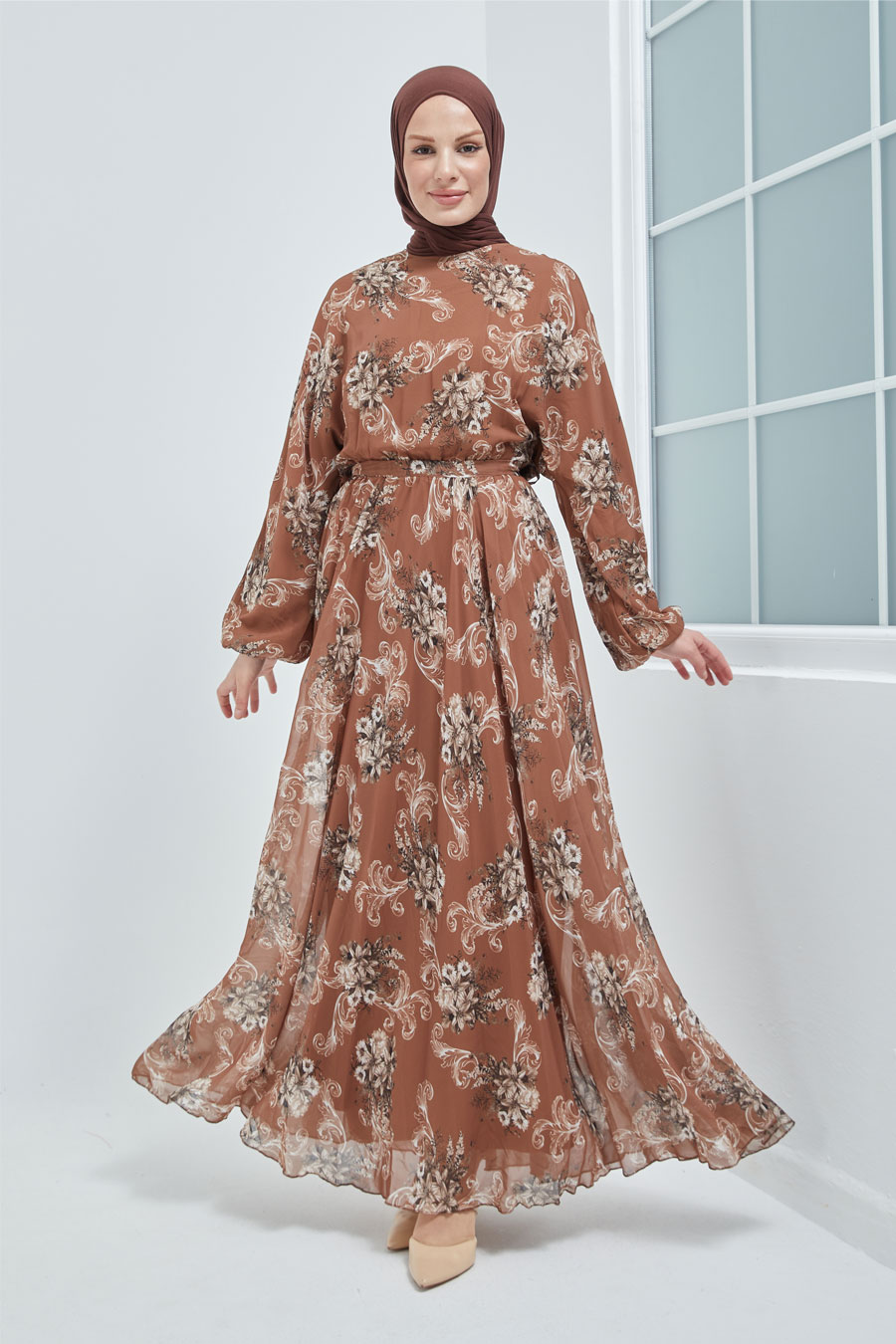FLOWER PATTERNED TAN COLOR - EVENING DRESS  