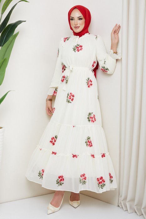 ECRU    -FLOWER PATTERNED DRESS