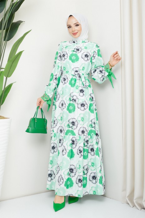  GREEN FLOWER  PATTERNED  - DRESS