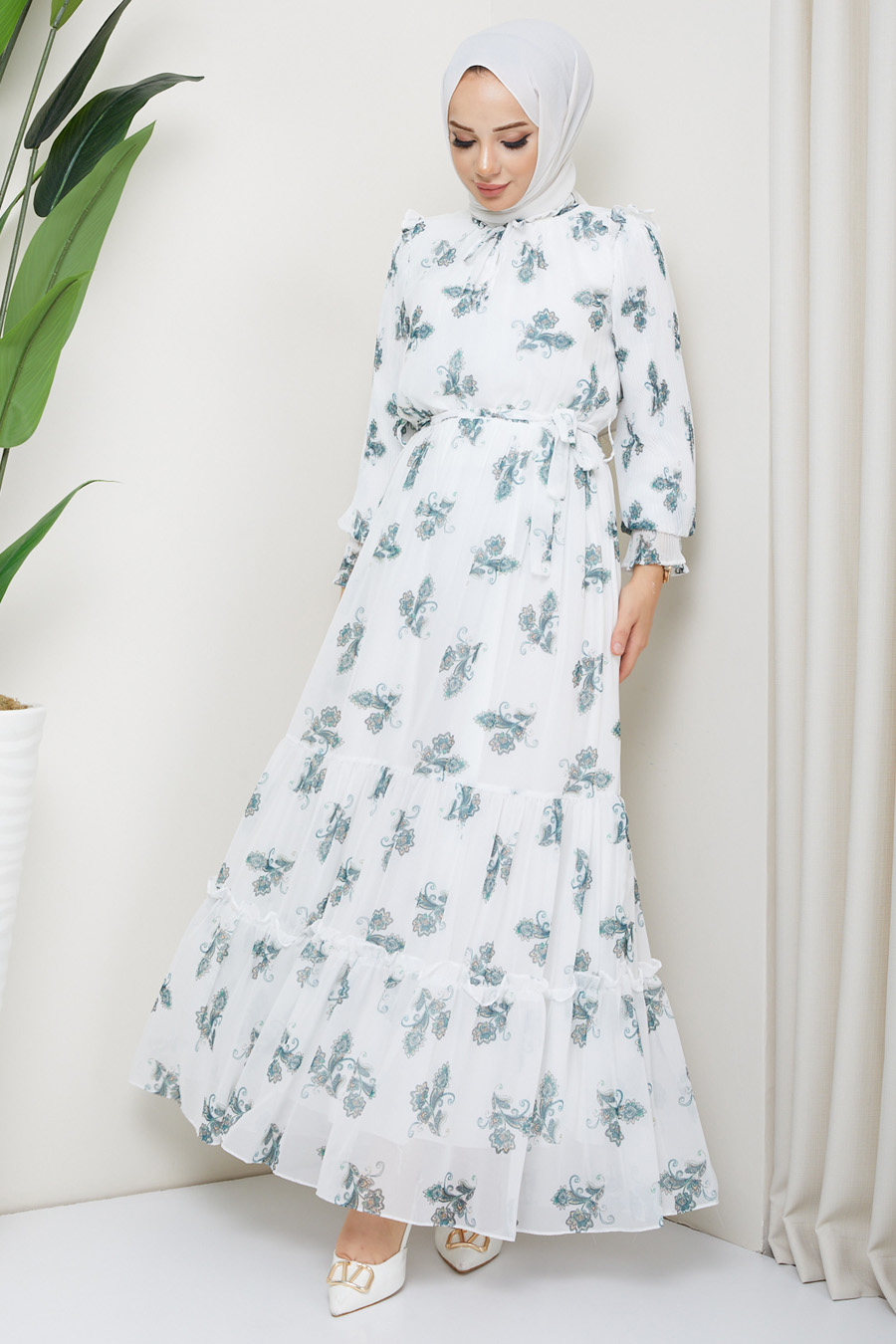 GREEN FLOWER PATTERNED  WHITE DRESS 