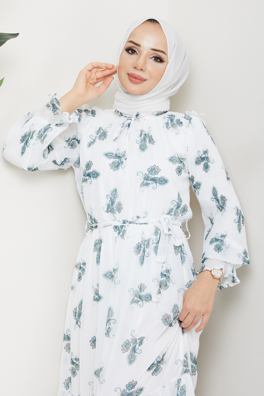 GREEN FLOWER PATTERNED  WHITE DRESS 