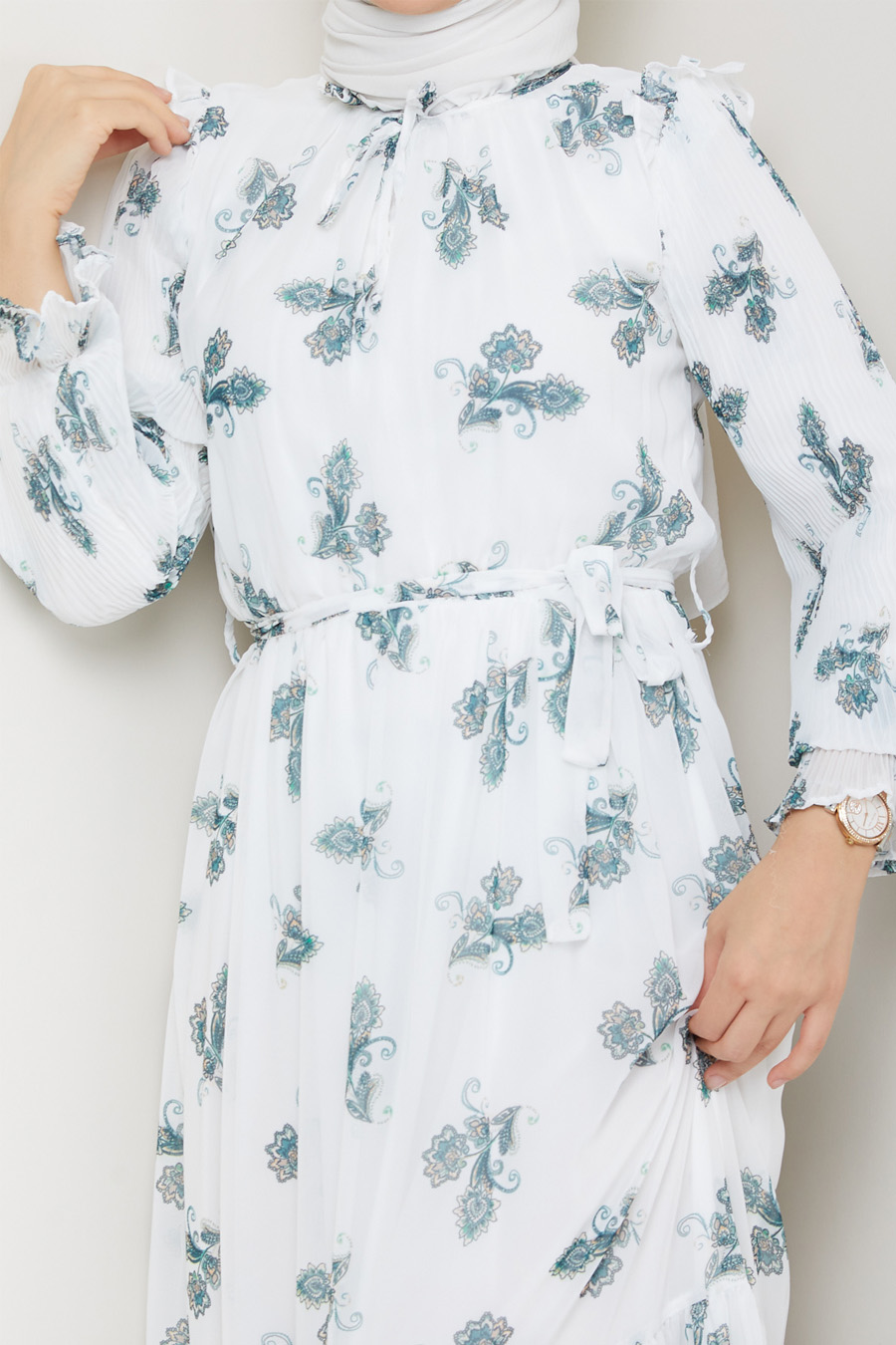 GREEN FLOWER PATTERNED  WHITE DRESS 