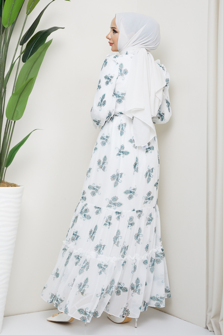 GREEN FLOWER PATTERNED  WHITE DRESS 