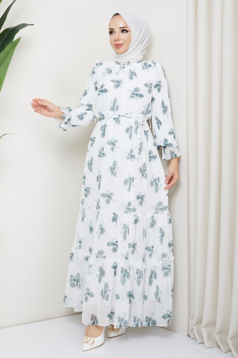 GREEN FLOWER PATTERNED  WHITE DRESS 