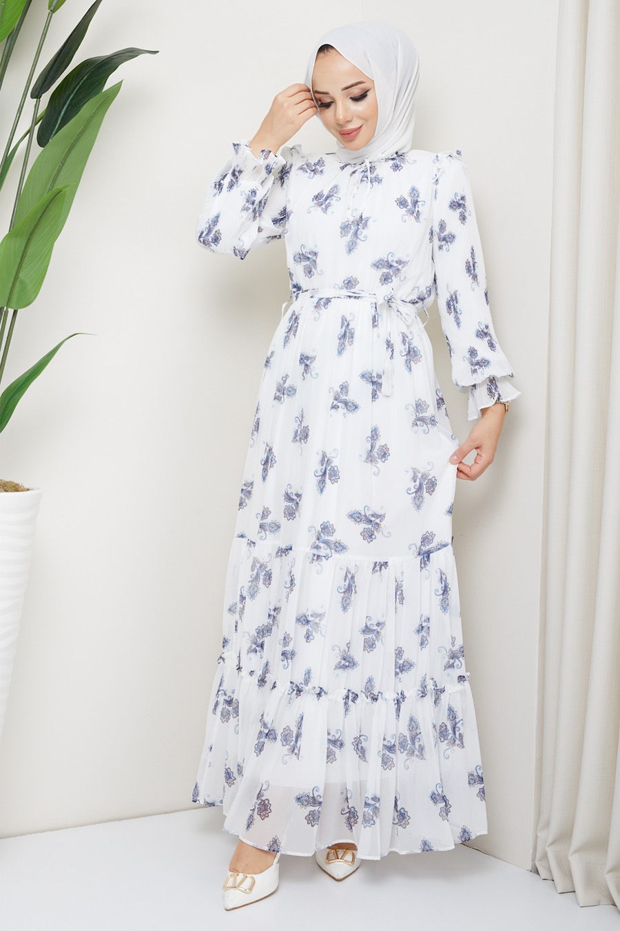 INDIGO  FLOWER PATTERNED  WHITE DRESS 