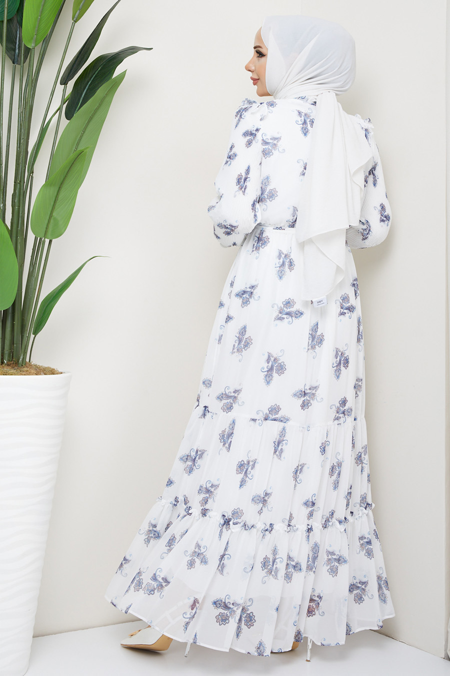 INDIGO  FLOWER PATTERNED  WHITE DRESS 