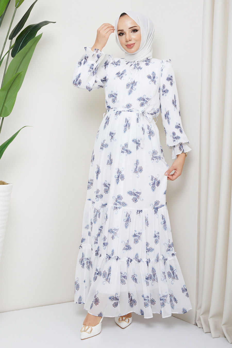 INDIGO  FLOWER PATTERNED  WHITE DRESS 