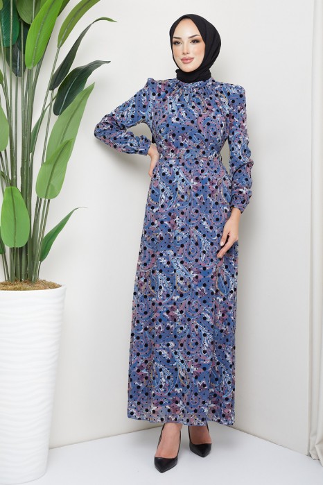 INDIGO COLOR   PATTERNED DRESS 