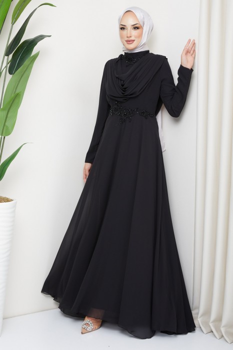 BLACK - LACE DETAILED EVENING DRESS