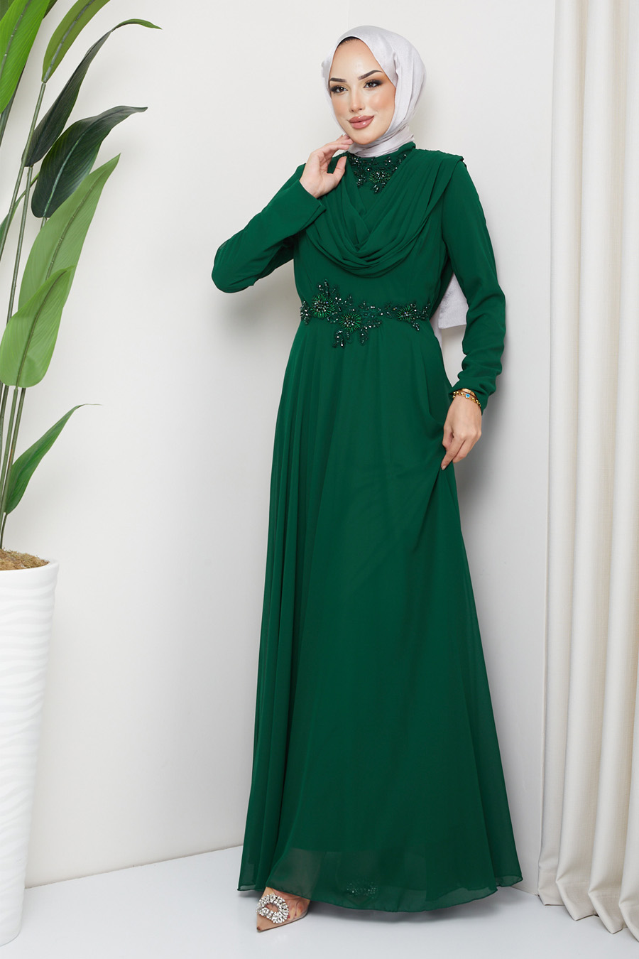 EMERALD GREEN  - LACE DETAILED EVENING DRESS