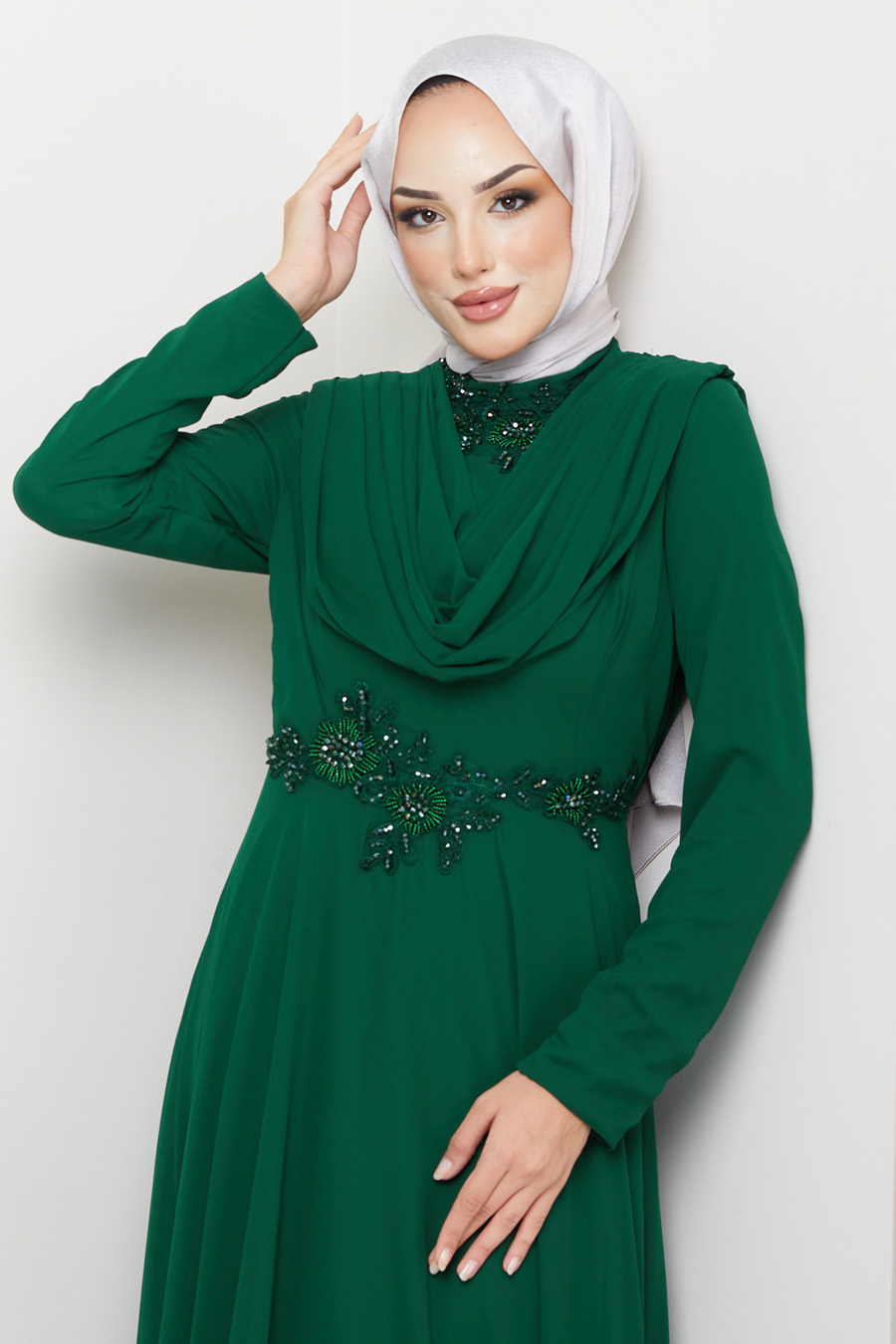 EMERALD GREEN  - LACE DETAILED EVENING DRESS
