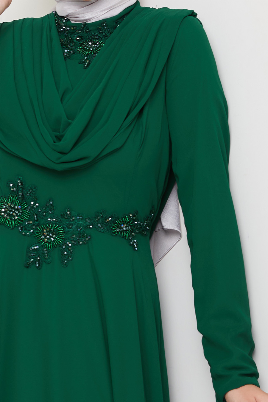 EMERALD GREEN  - LACE DETAILED EVENING DRESS