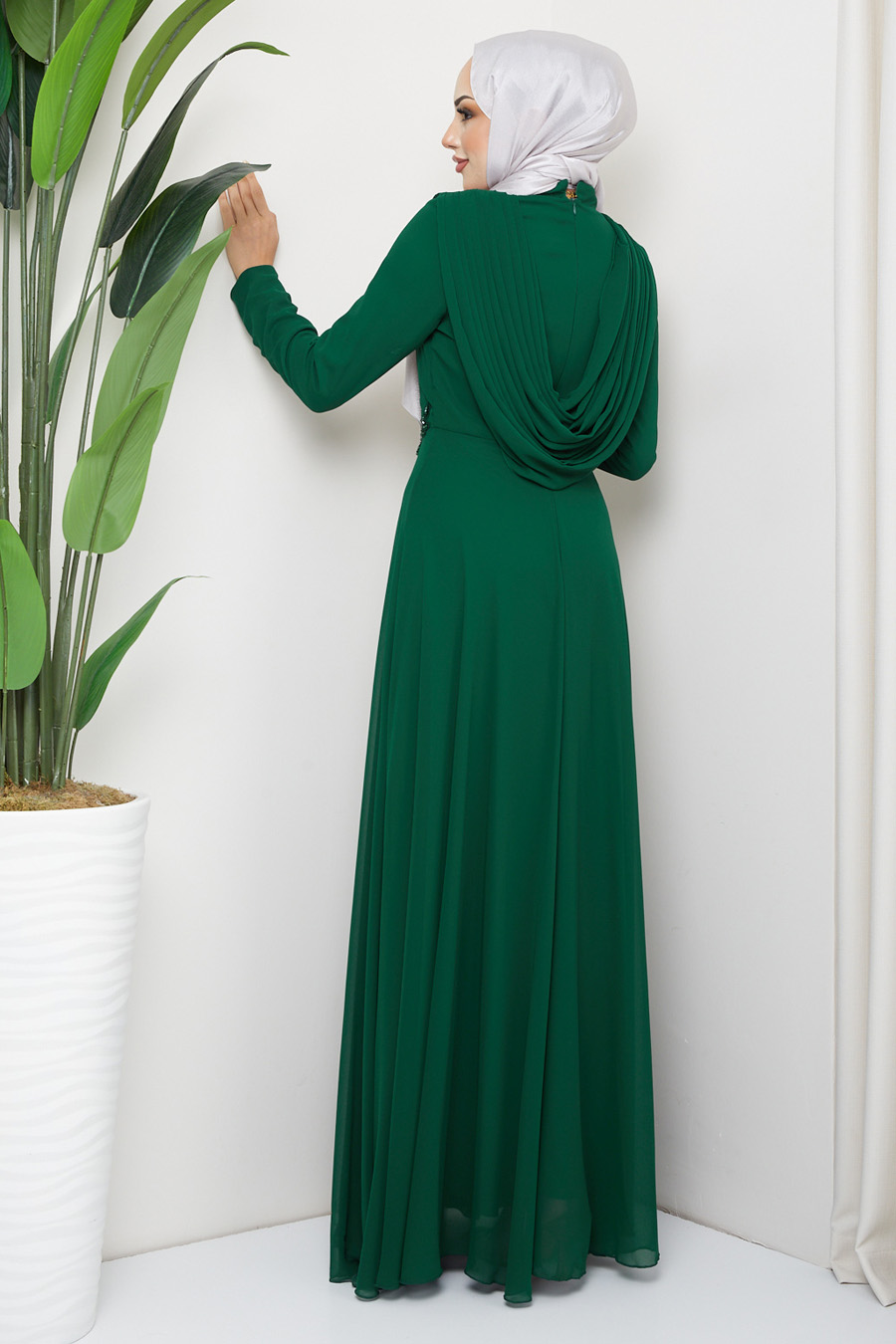 EMERALD GREEN  - LACE DETAILED EVENING DRESS