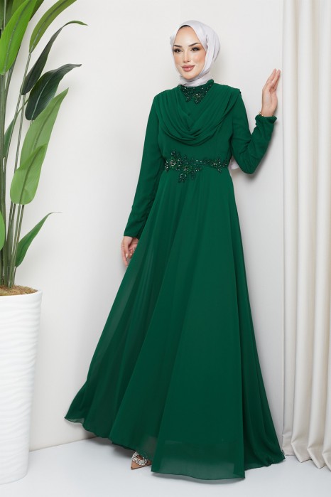 EMERALD GREEN  - LACE DETAILED EVENING DRESS