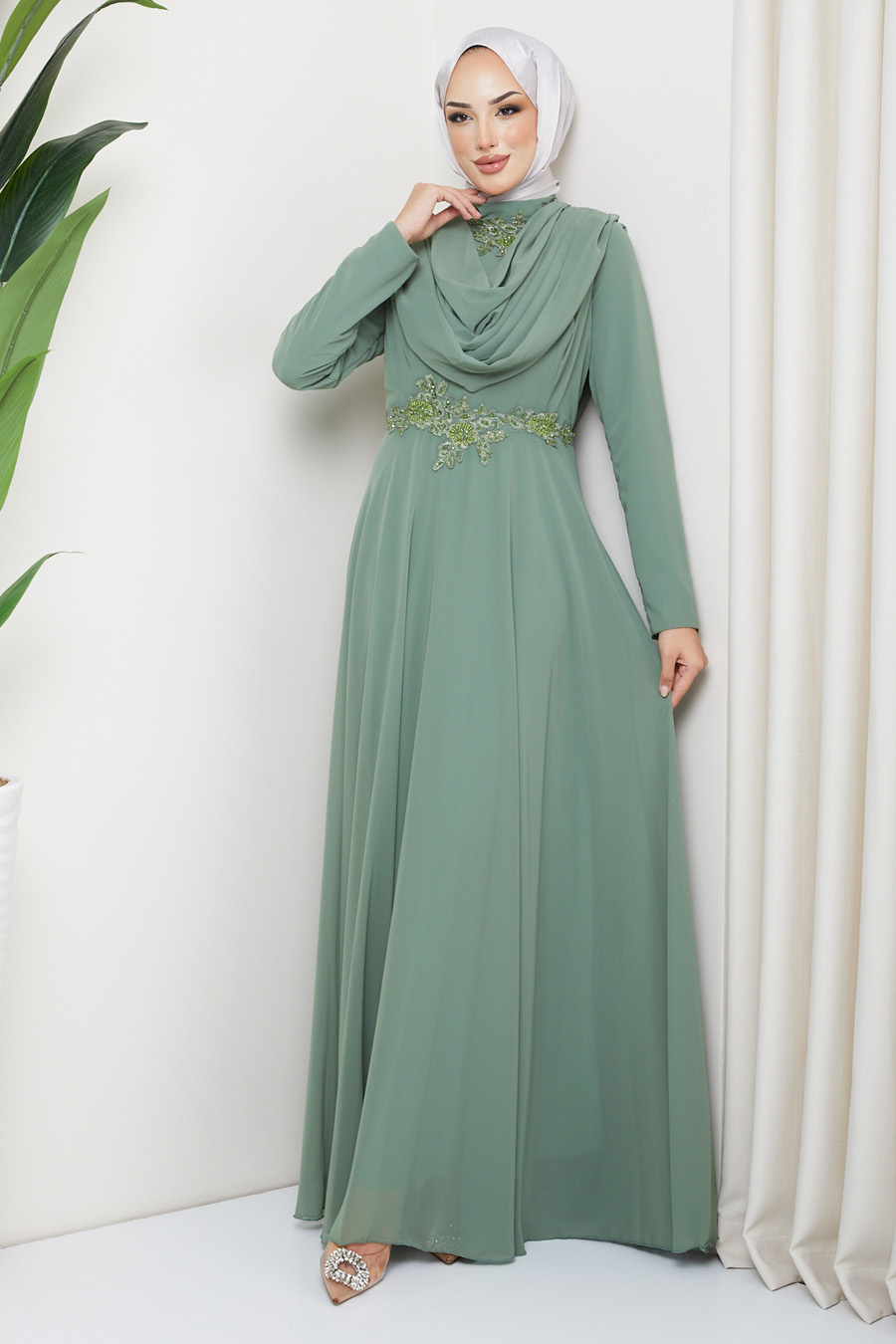 GREEN  - LACE DETAILED EVENING DRESS
