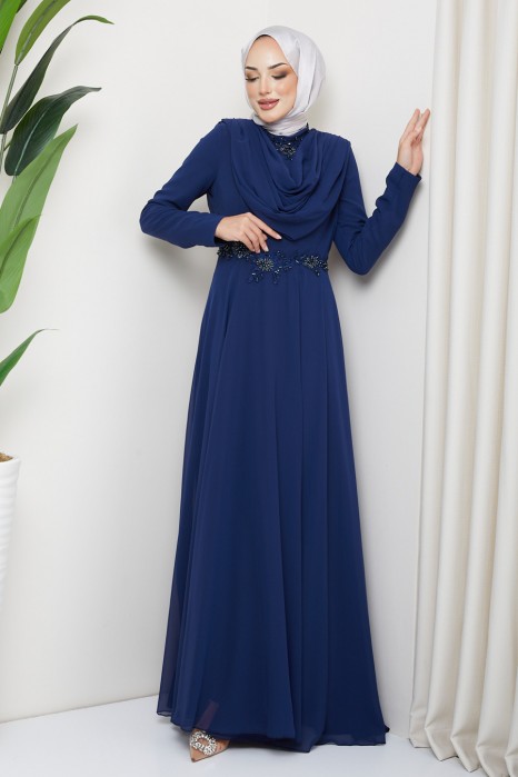 NAVY BLUE   - LACE DETAILED EVENING DRESS