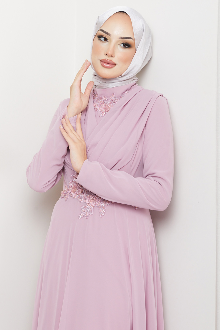 POWDER PINK - LACE DETAILED EVENING DRESS