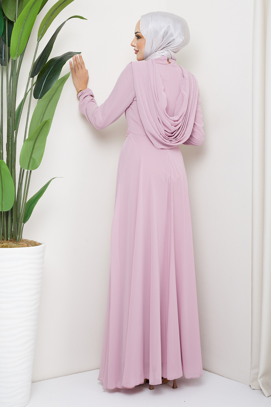 POWDER PINK - LACE DETAILED EVENING DRESS