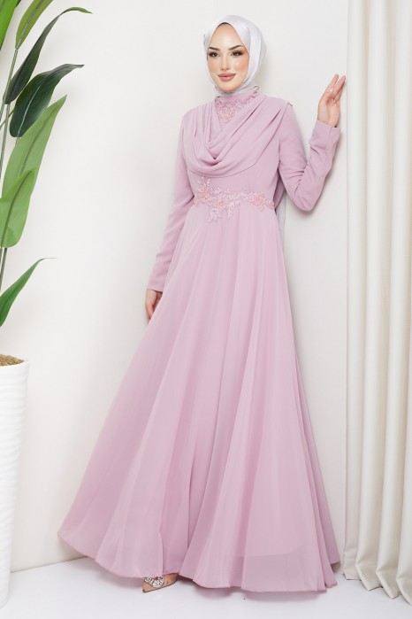 POWDER PINK - LACE DETAILED EVENING DRESS