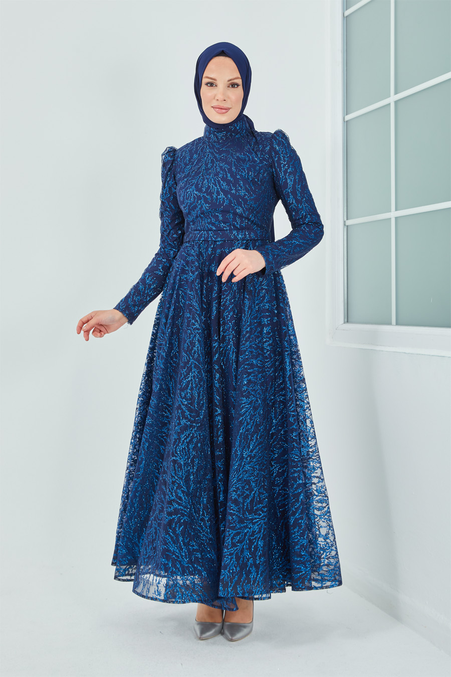 SILVERY NAVY BLUE EVENING DRESS  