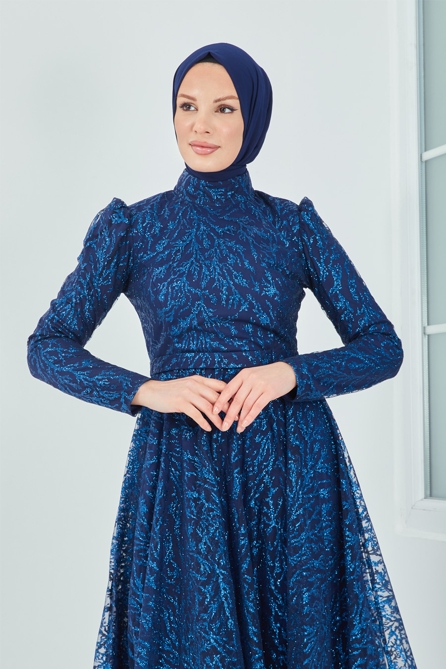 SILVERY NAVY BLUE EVENING DRESS  