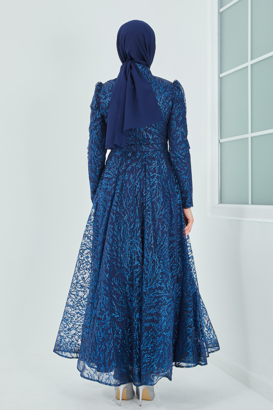 SILVERY NAVY BLUE EVENING DRESS  