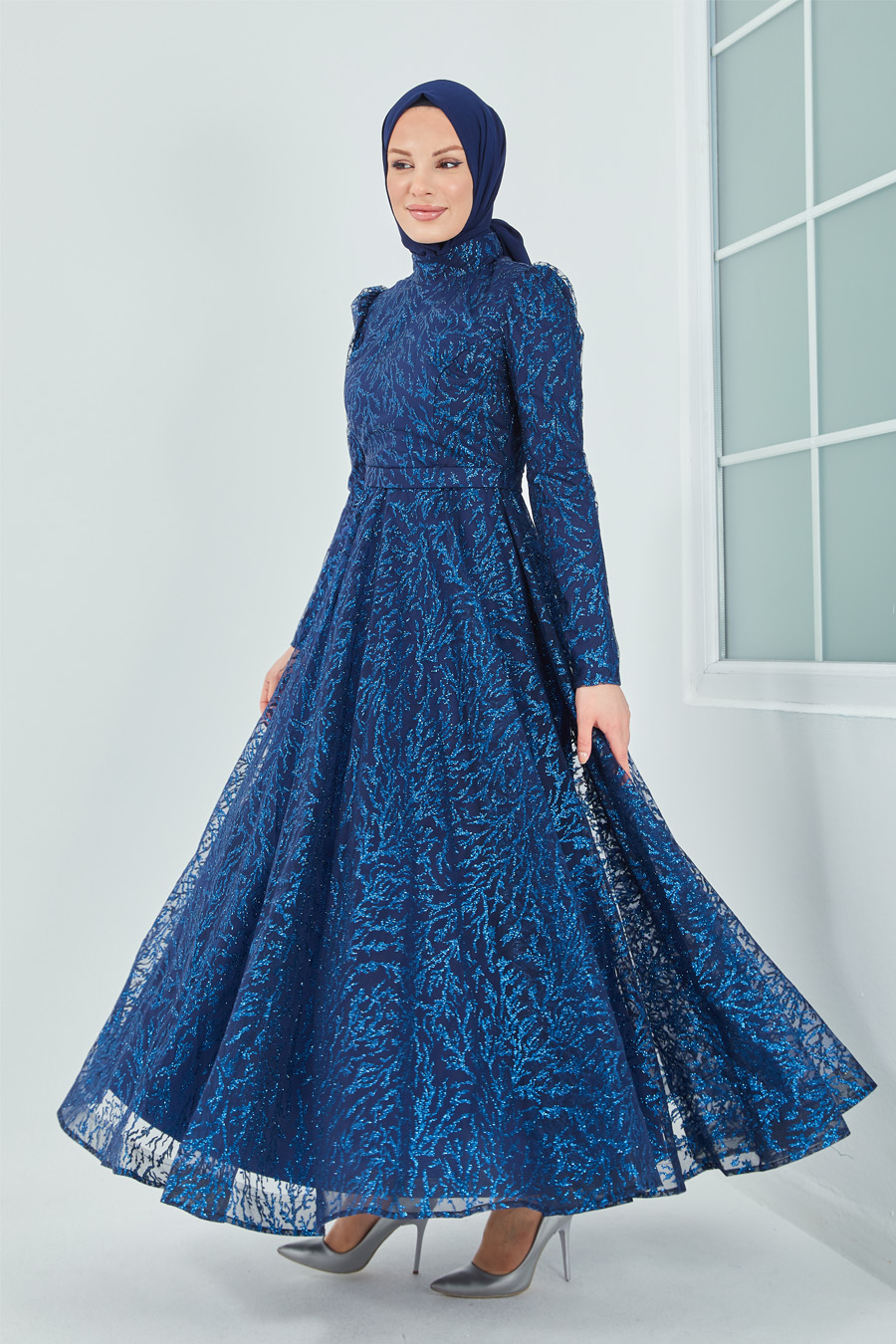 SILVERY NAVY BLUE EVENING DRESS  