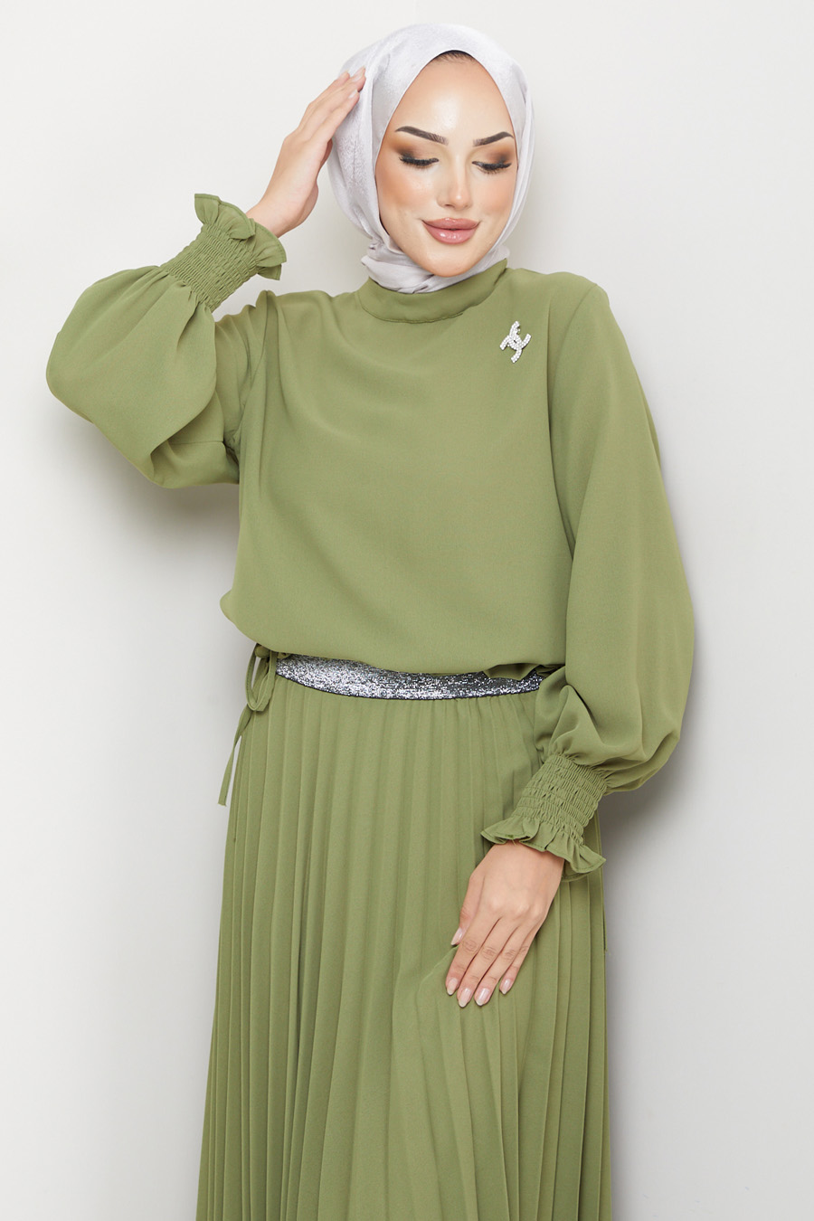 OIL GREEN  TUNIC AND SKIRT SUIT