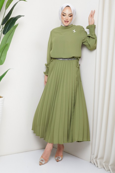 OIL GREEN  TUNIC AND SKIRT SUIT