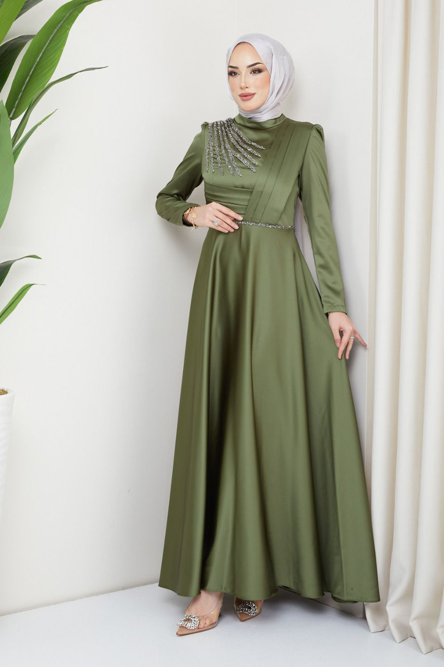 OIL GREEN  EVENING DRESS  