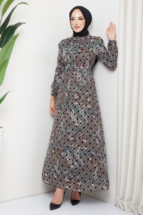 OIL GREEN  PATTERNED DRESS 