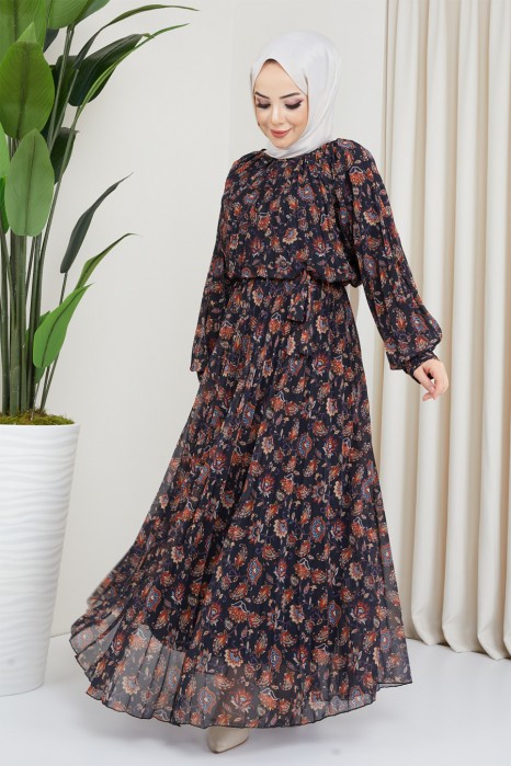 FLOWER PATTERNED BLACK DRESS