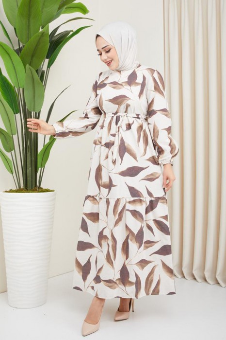 FLOWER PATTERNED BROWN DRESS