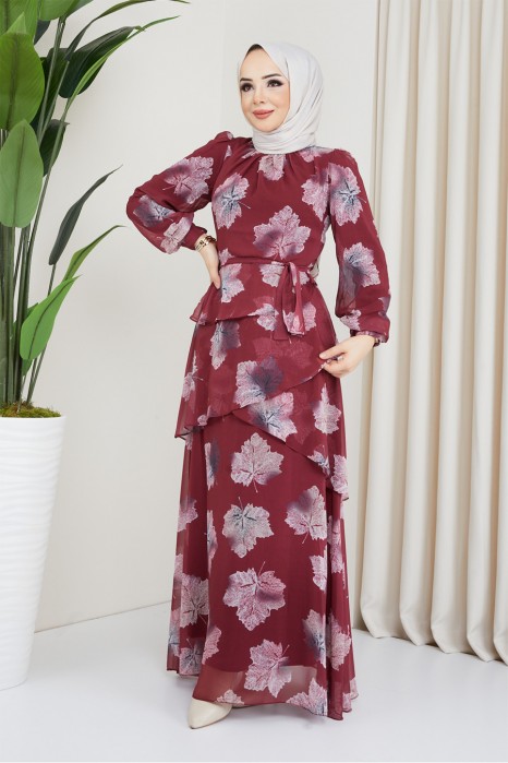 FLOWER PATTERNED CLARET RED DRESS