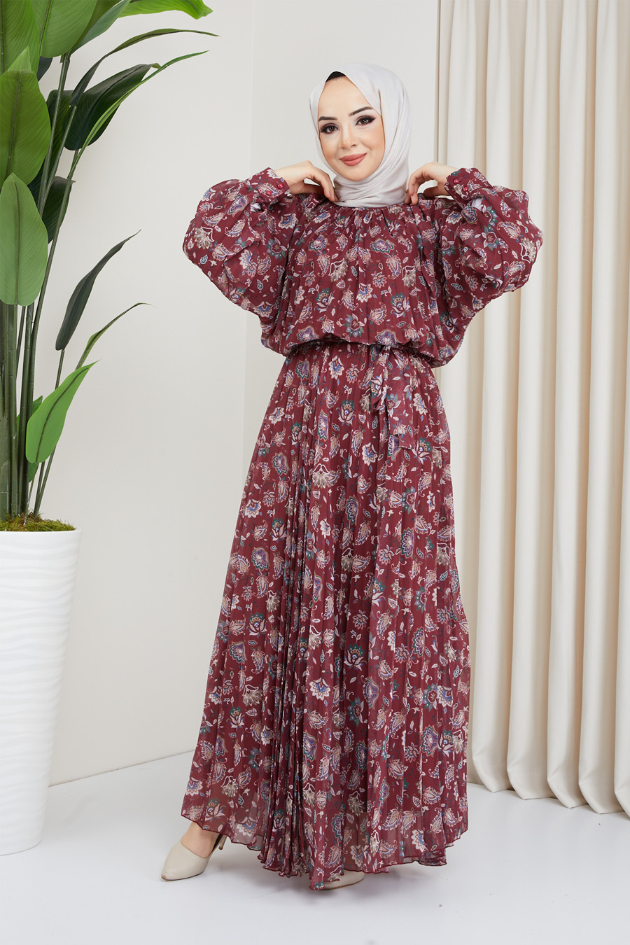 FLOWER PATTERNED CLARET RED DRESS