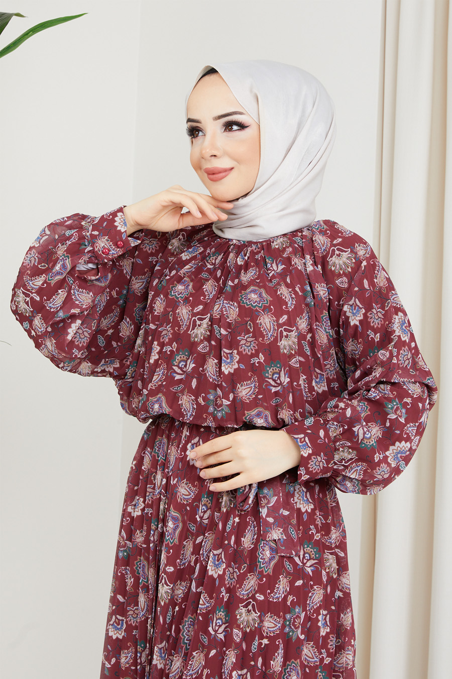 FLOWER PATTERNED CLARET RED DRESS