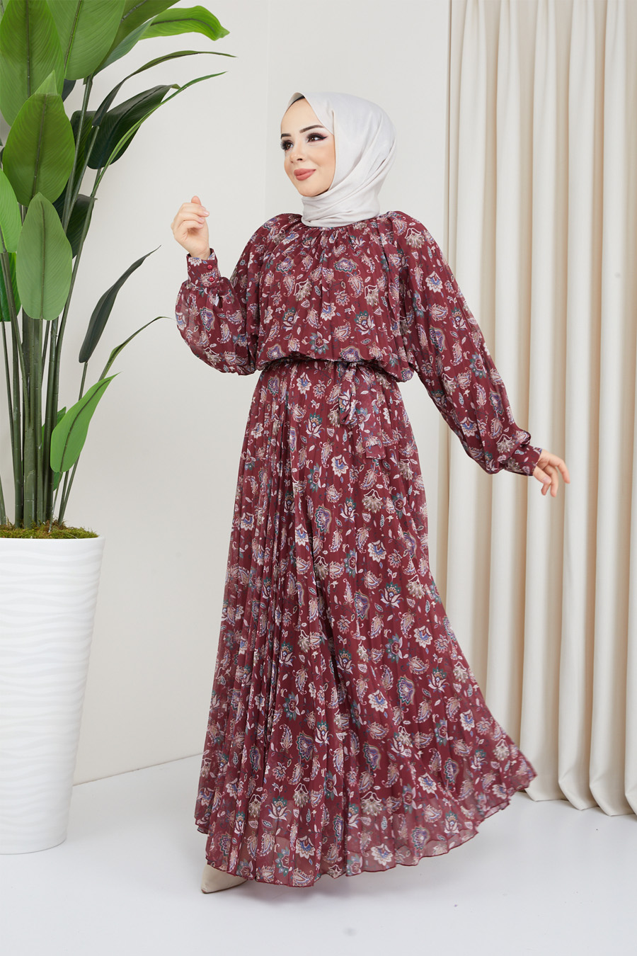 FLOWER PATTERNED CLARET RED DRESS