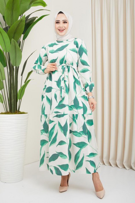 FLOWER PATTERNED GREEN DRESS
