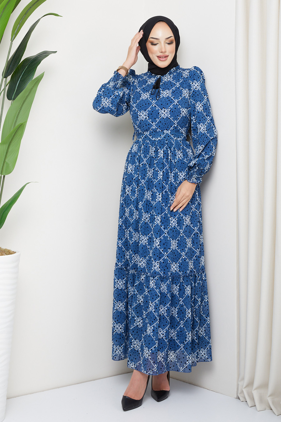 PATTERNED DRESS- INDIGO 